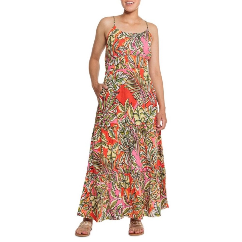 C&C California Red and Green Leaf Print Maxi Dress